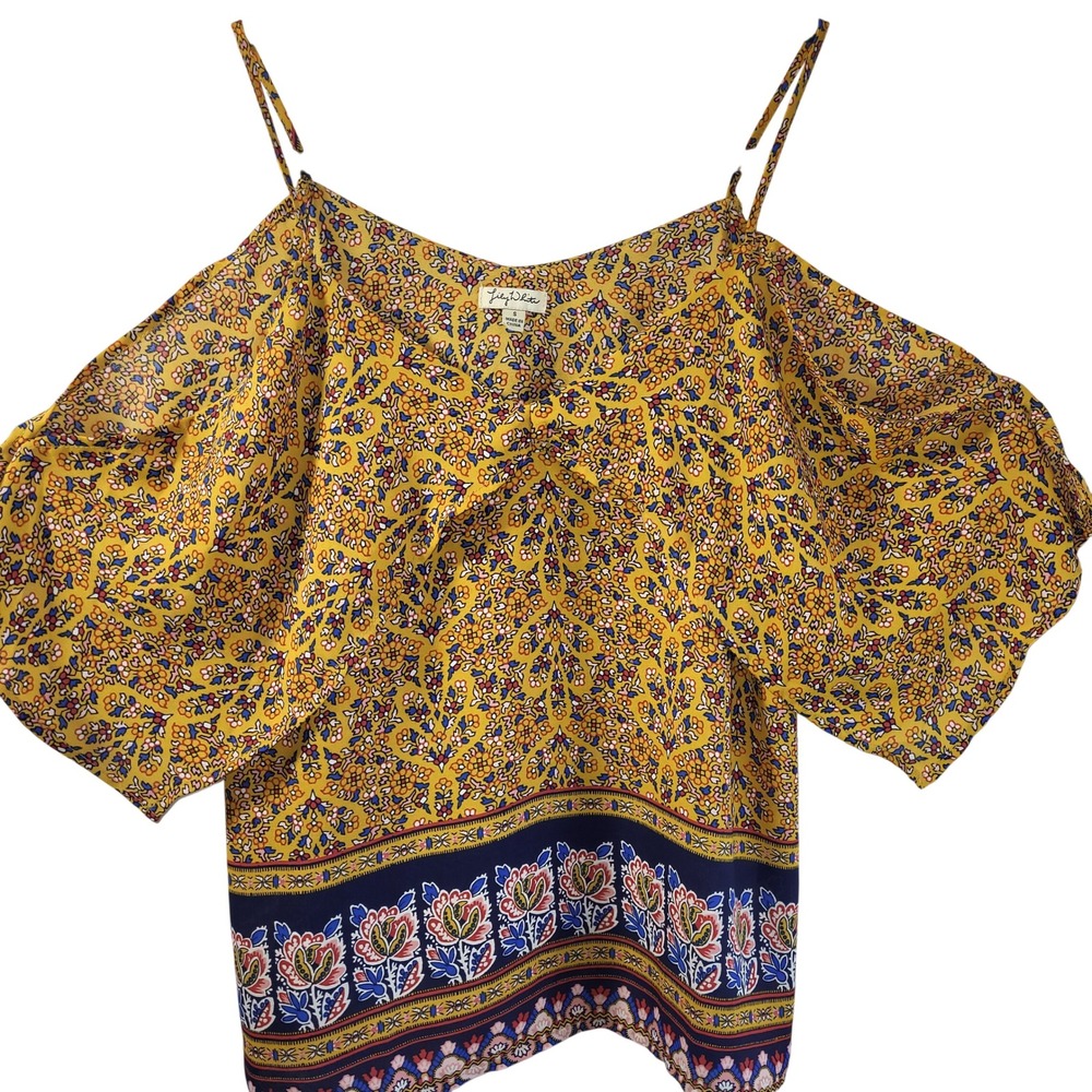 Lily White Womens Yellow Floral Paisley Cold Shoulder Blouse Small Boho Peasant